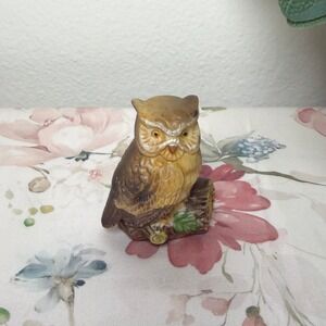 Vintage UCGC Porcelain Owl Figurine on Log Brown Hand Painted Taiwan